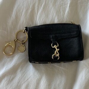Rebecca Minkoff black leather change purse and key chain with Gold Chain Detail